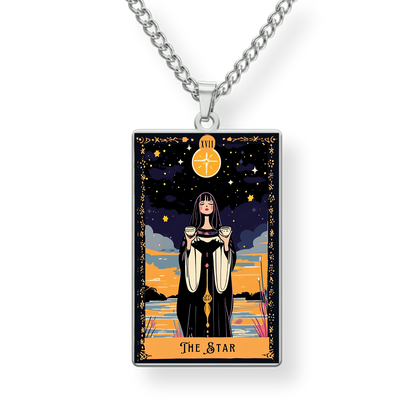 Pendant with 'The Star' tarot card design on a chain against a white background