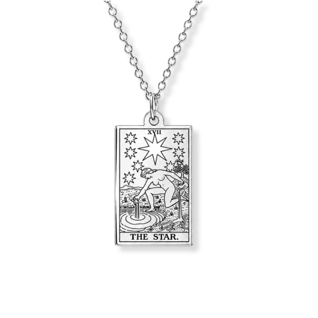 A silver-toned necklace featuring a rectangular pendant engraved with the 'The Star' tarot card design, shown against a plain white background.