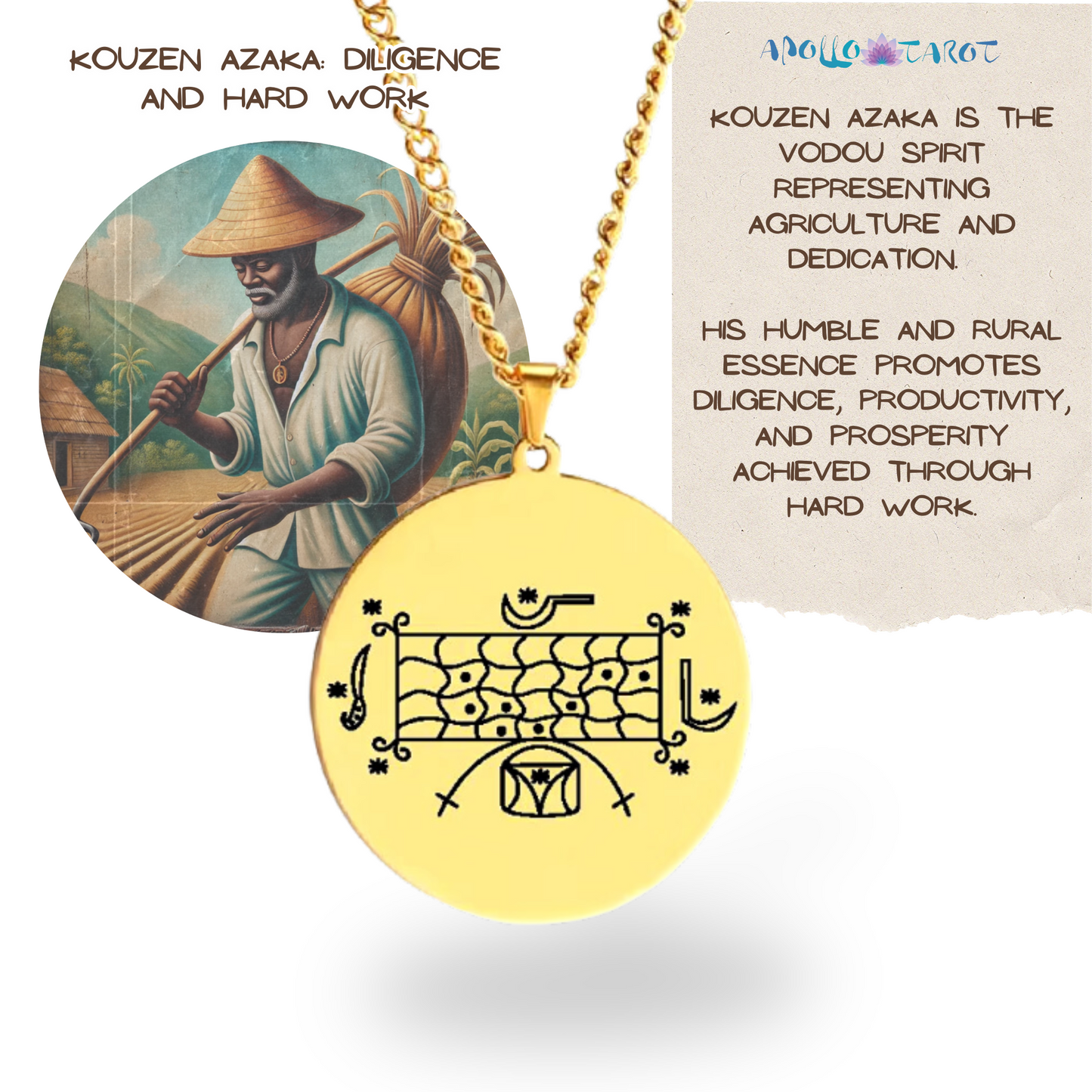 Gold Voodoo Veve Sigil Charm Necklace • Vodou Lwa Loa Amulet Talisman • Stainless Steel Pendant For Afro Spiritual Men And Witchy Women • Apollo Tarot Esoteric Jewelry Shop