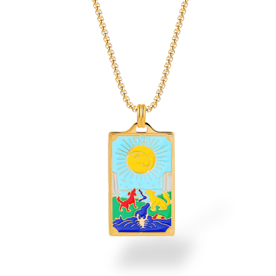 Colorful pendant with a gold chain on a white background