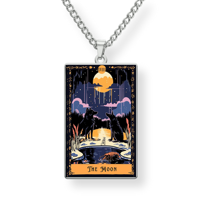 Necklace with pendant featuring 'The Moon' tarot card design on a white background