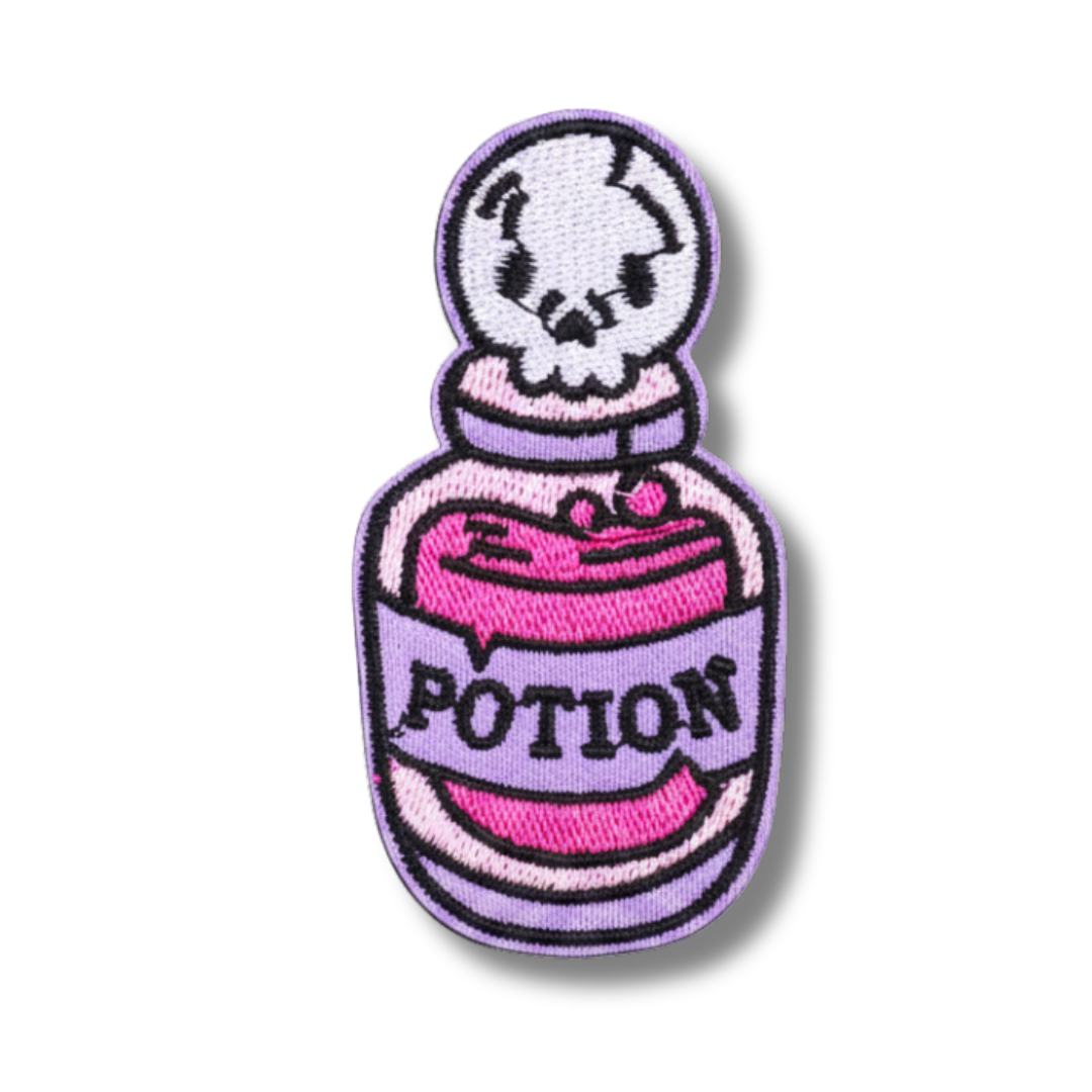 Embroidered patch of a potion bottle with a skull label on a white background