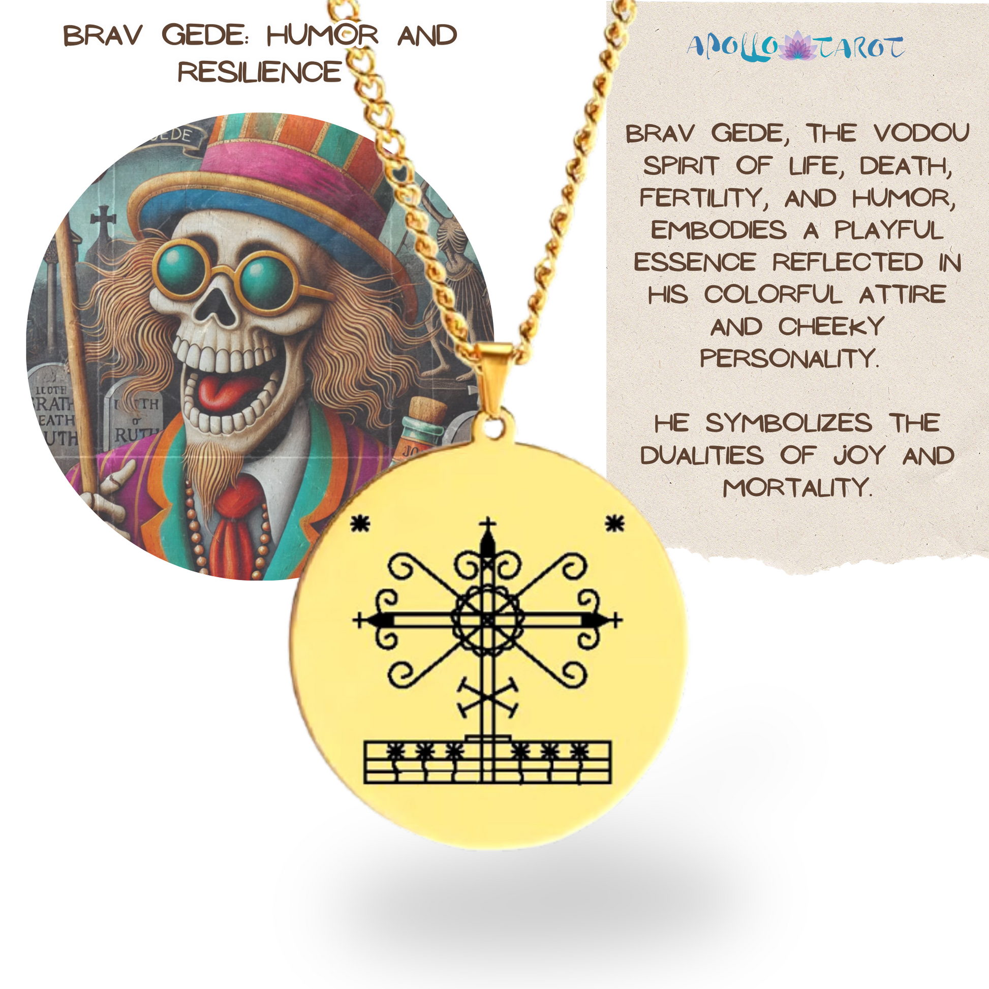 Gold Voodoo Veve Sigil Charm Necklace • Vodou Lwa Loa Amulet Talisman • Stainless Steel Pendant For Afro Spiritual Men And Witchy Women • Apollo Tarot Esoteric Jewelry Shop