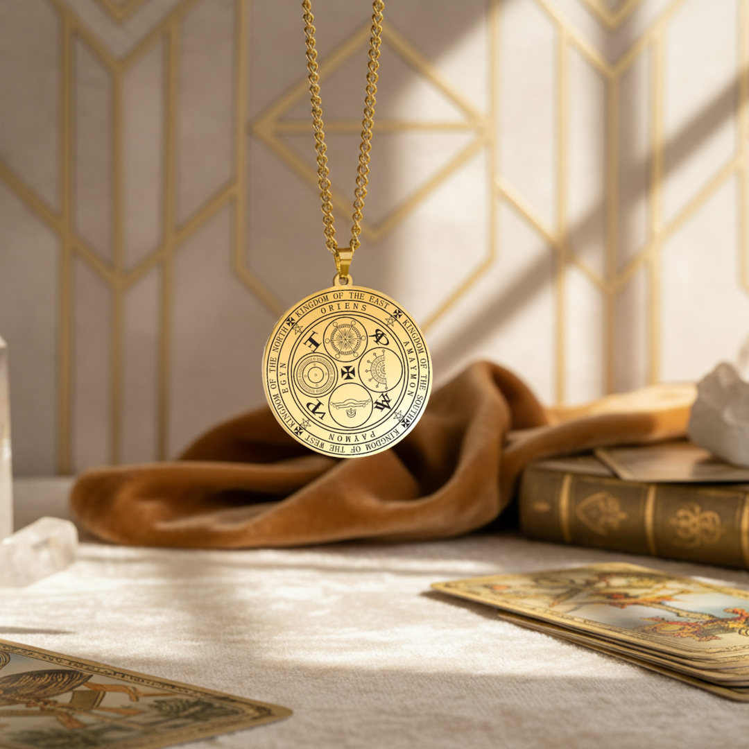 Gold necklace with a circular pendant engraved with the Four Kings Seal on a surface with books and tarot cards.