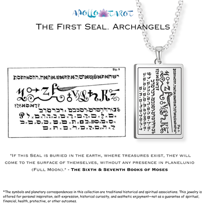 A rectangular seal design from the 6th & 7th Books of Moses on a white background alongside a pendant with the same engraving. The top of the image includes the text THE FIRST SEAL. ARCHANGELS.