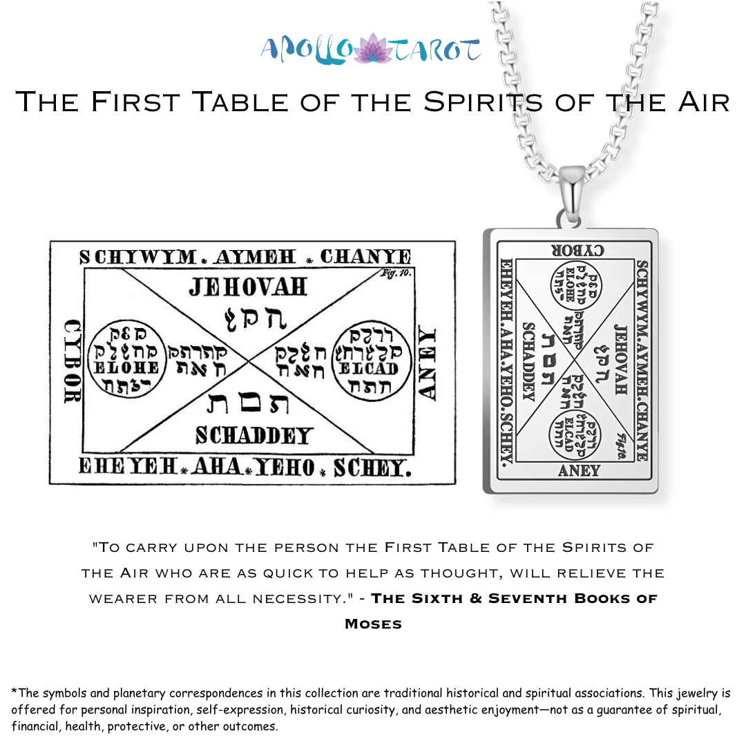 A silver pendant necklace with a detailed Hebrew spiritual design from the 6th & 7th Books of Moses, shown next to the printed 'First Table of the Spirits of the Air' reference card on a white background with the brand logo 'Apollo Tarot' at the top.