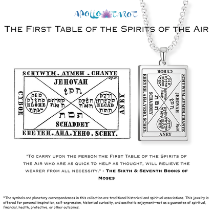 A silver pendant necklace with a detailed Hebrew spiritual design from the 6th & 7th Books of Moses, shown next to the printed 'First Table of the Spirits of the Air' reference card on a white background with the brand logo 'Apollo Tarot' at the top.