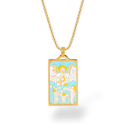 Gold necklace with a rectangular pendant featuring an angel design on a white background