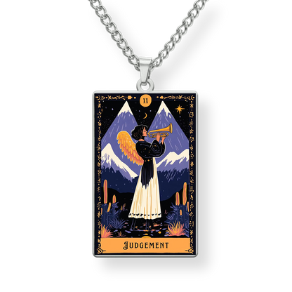 Necklace with a pendant featuring an angelic figure and mountains, labeled 'Judgement'.
