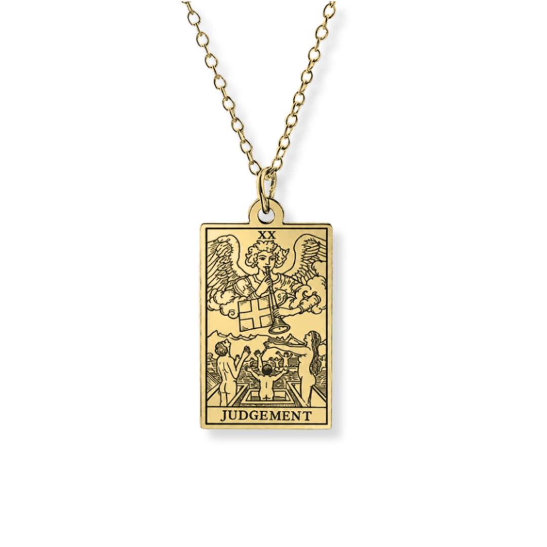 A gold-toned metal pendant necklace featuring the 'Judgement' tarot card design, suspended from a matching chain against a plain white background.