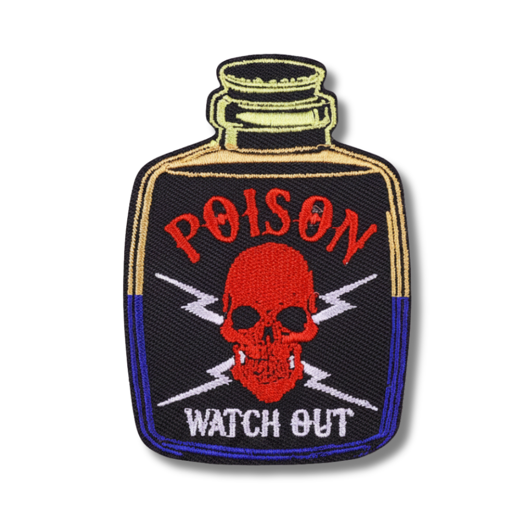 Patch with a poison bottle design featuring a skull and crossbones on a white background