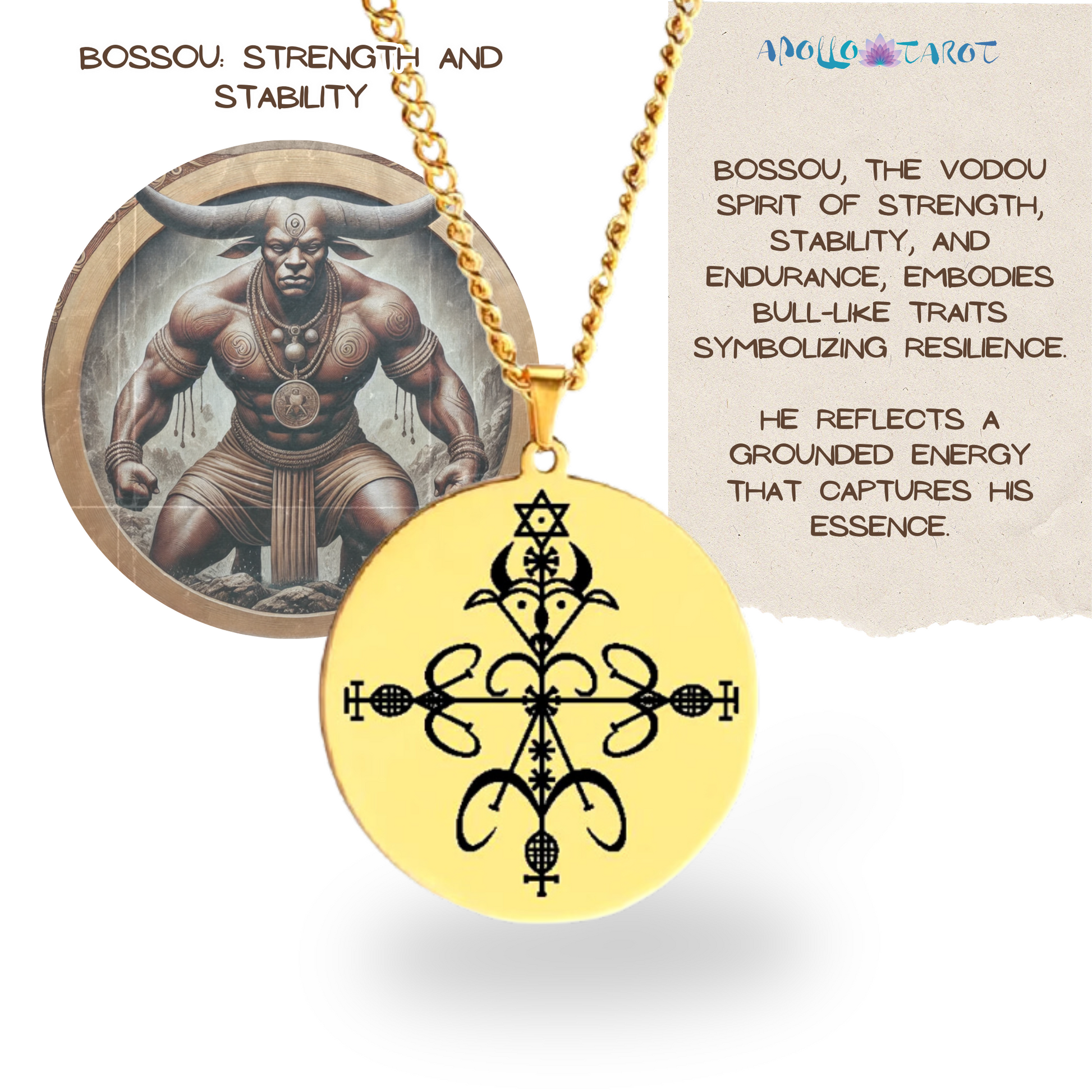 Gold Voodoo Veve Sigil Charm Necklace • Vodou Lwa Loa Amulet Talisman • Stainless Steel Pendant For Afro Spiritual Men And Witchy Women • Apollo Tarot Esoteric Jewelry Shop