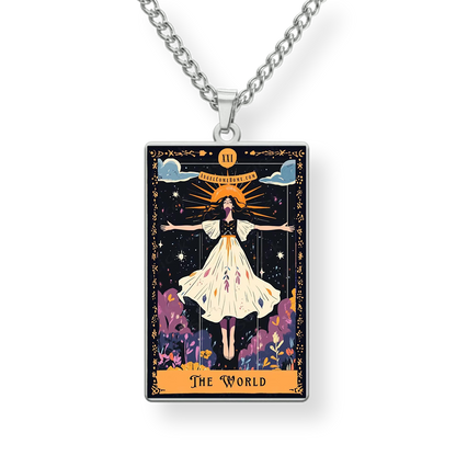 Necklace with a pendant featuring 'The World' tarot card design on a white background