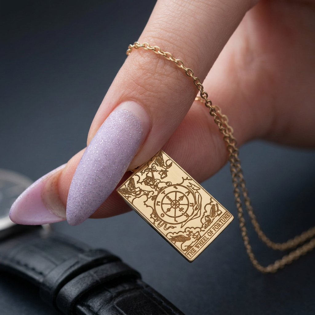 A close-up lifestyle shot of a hand with lavender glitter nail polish holding a gold-toned tarot card pendant necklace. The pendant is engraved with the 'Wheel of Fortune' card design.
