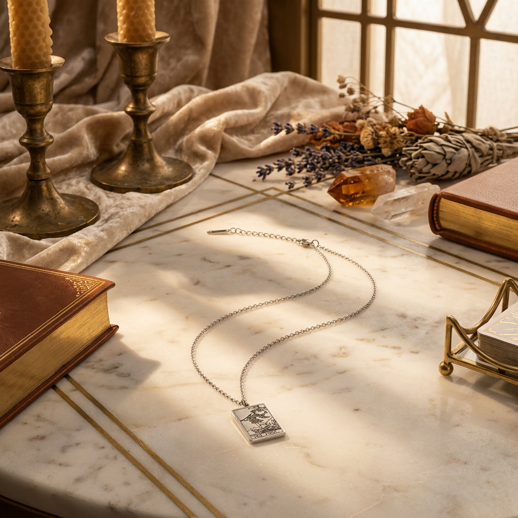 A silver pendant necklace with an engraved tarot card illustration lies on a marble tabletop, styled with antique books, candlesticks, dried flowers, and warm sunlight.
