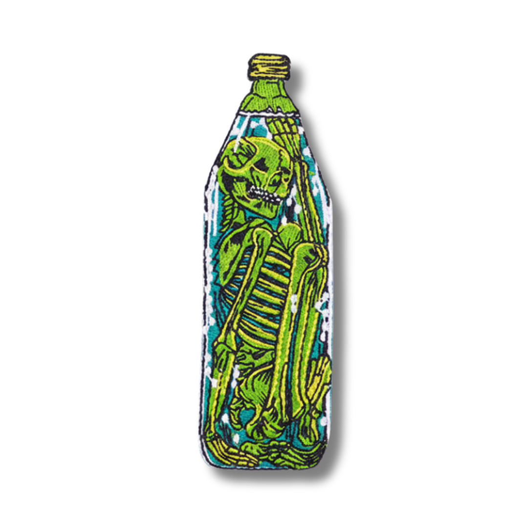 Green skeleton design on a bottle-shaped background