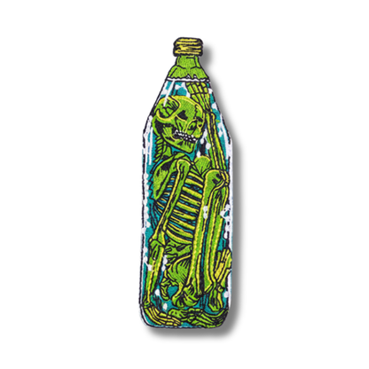 Green skeleton design on a bottle-shaped background