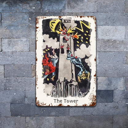 Tin Sign Of The Tower Tarot Card Painting • Major Arcana Waite-Style Cards Vintage Metal Print • Apollo Tarot Design Shop