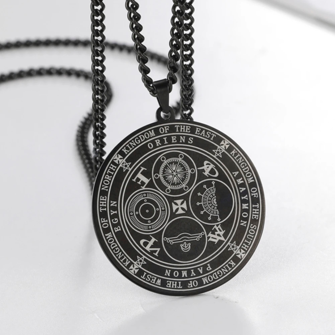 Black necklace with a circular pendant featuring the Four Kings Seal on a white background