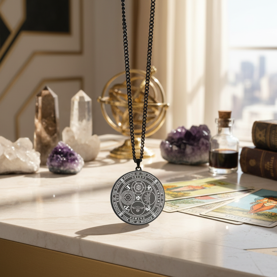 Necklace with a circular pendant engraved with the Four Kings Seal on a table with crystals and books