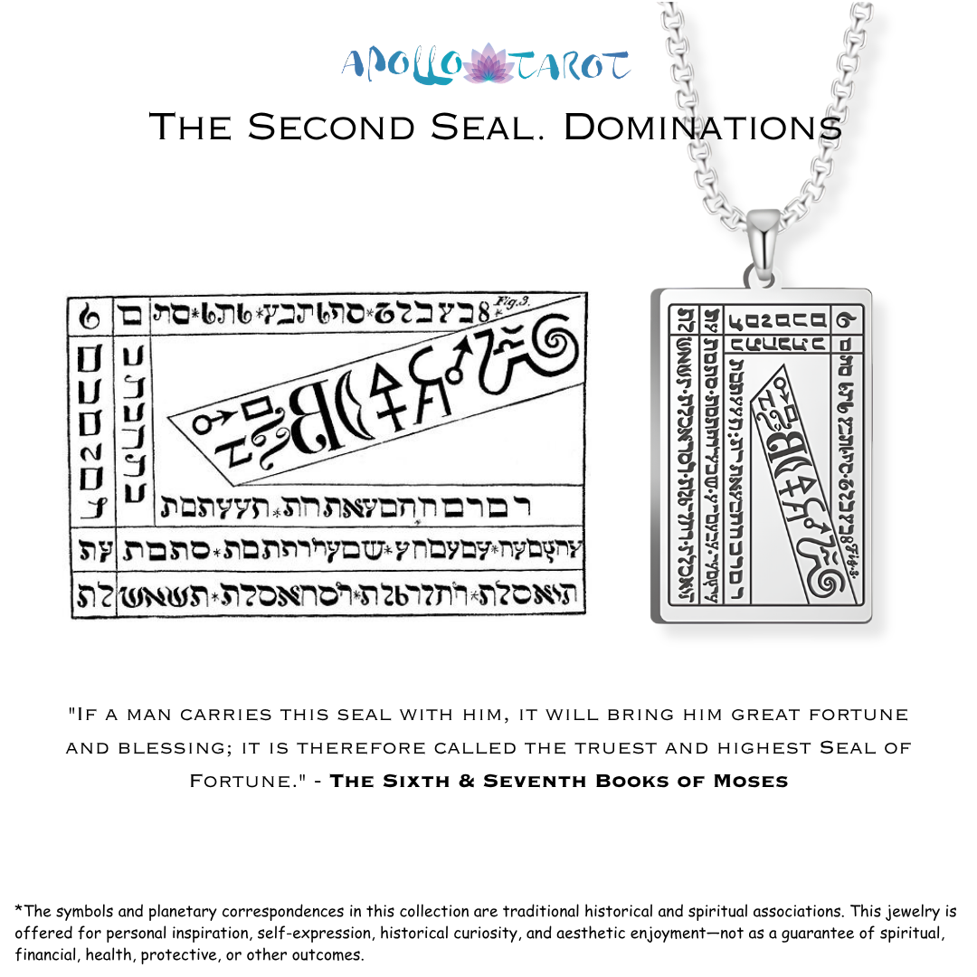 Silver pendant necklace featuring the Second Seal of the 6th & 7th Books of Moses with a detailed design, shown alongside a black-and-white diagram of the seal and its book text reference.