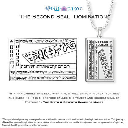 Silver pendant necklace featuring the Second Seal of the 6th & 7th Books of Moses with a detailed design, shown alongside a black-and-white diagram of the seal and its book text reference.