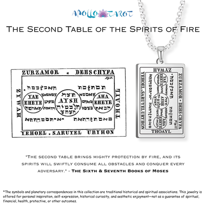 A silver pendant necklace on a white background, featuring an engraved Hebrew text and symbols design from 'The Second Table of the Spirits of Fire'. The pendant is shown next to a black-and-white diagram explaining the symbolic meanings of this table from the 6th & 7th Book of Moses.