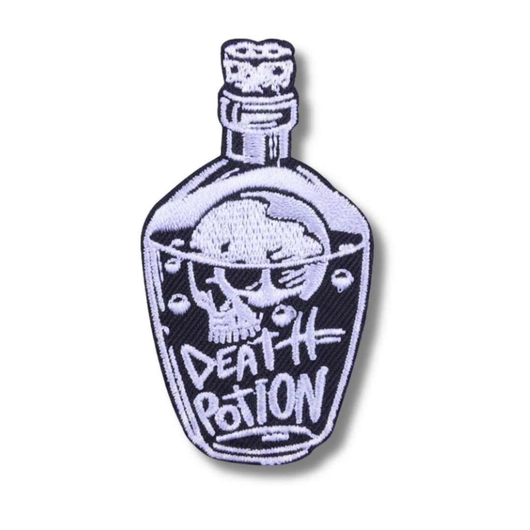 Patch of a bottle labeled 'Death Potion' on a white background