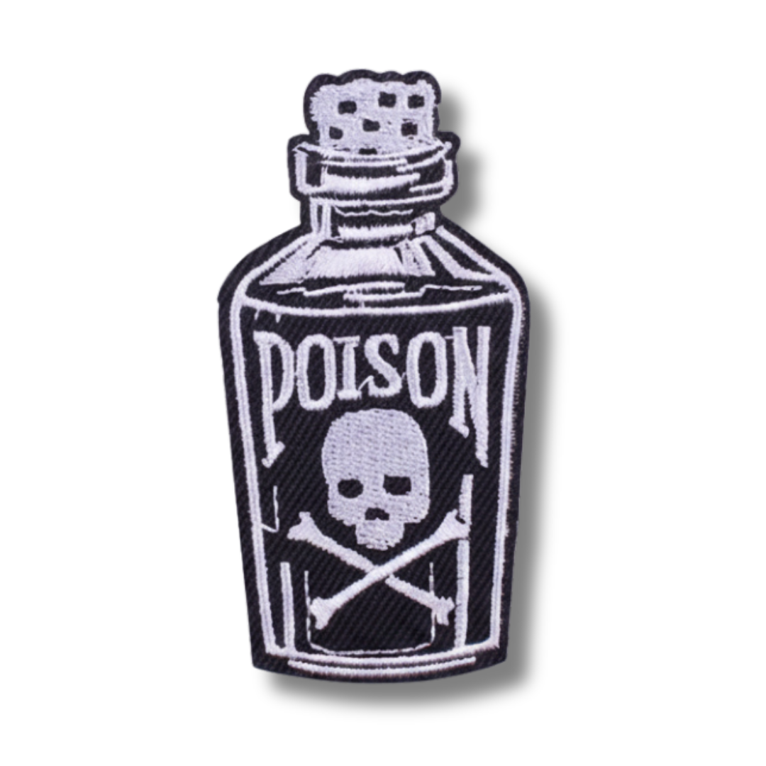 Patch of a poison bottle with skull and crossbones design on a white background
