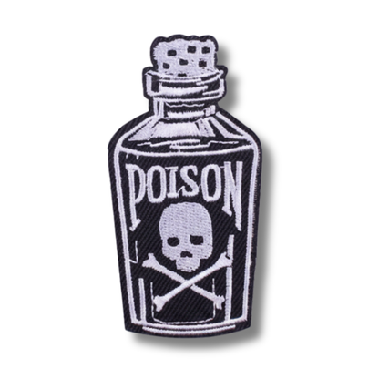 Patch of a poison bottle with skull and crossbones design on a white background