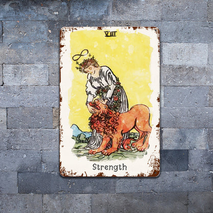 Tin Sign Of The Strength Tarot Card Painting • Major Arcana Waite-Style Cards Vintage Metal Print • Apollo Tarot Design Shop