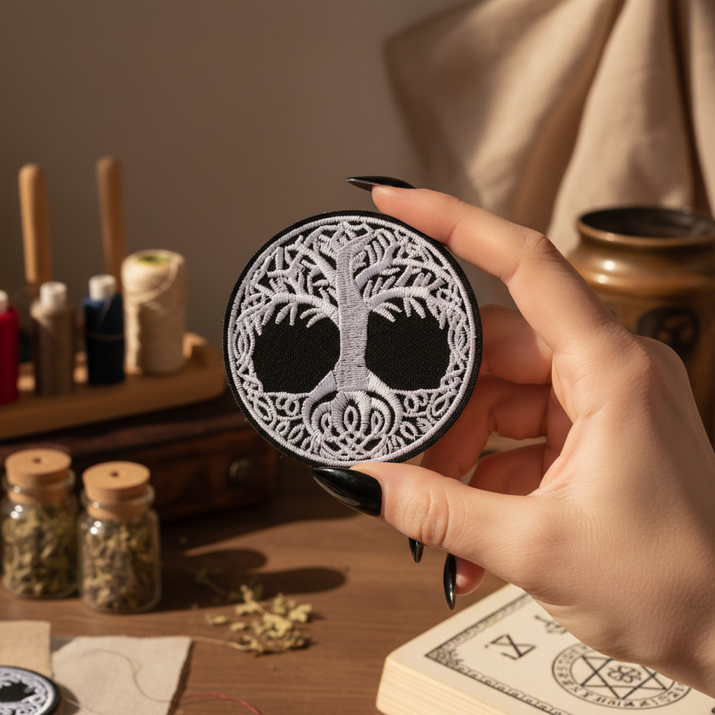 Hand holding a tree of life patch over a mystical setting with books and jars.