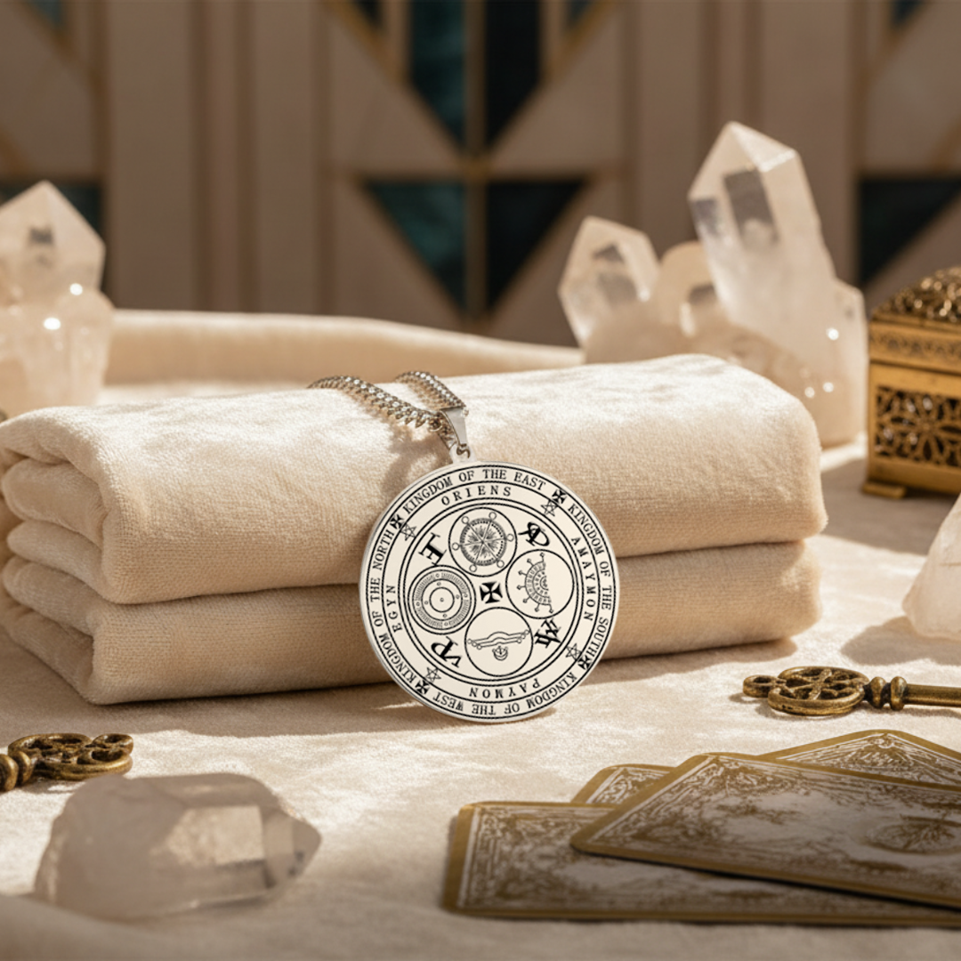 Pendant engraved with the Four Kings Seal on a stack of towels with crystals and cards in the background