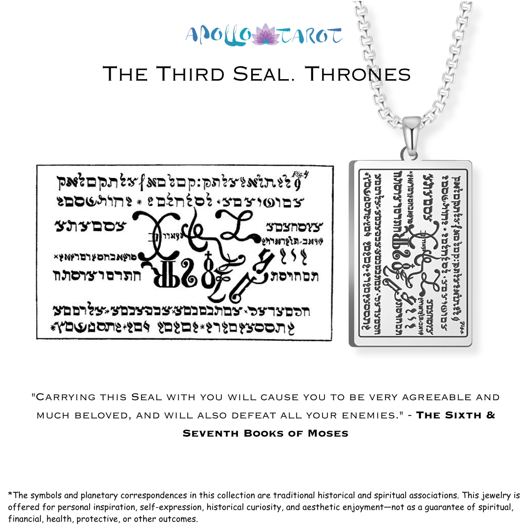 A silver pendant necklace on a white background, featuring a rectangular pendant engraved with a seal from the 6th & 7th Books of Moses. The image also includes the larger black-and-white diagram 'The Third Seal: Thrones' and explanatory text about traditional spiritual associations.