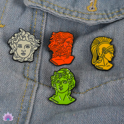 4 Piece Set Greek Mythology Pins • Medusa Prometheus Achilles Dionysus Head Brooch • Doodle Ancient Roman Deity Badge • Pagan Worship Witchy Pin • Apollo Tarot Shop