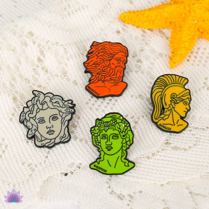 4 Piece Set Greek Mythology Pins • Medusa Prometheus Achilles Dionysus Head Brooch • Doodle Ancient Roman Deity Badge • Pagan Worship Witchy Pin • Apollo Tarot Shop