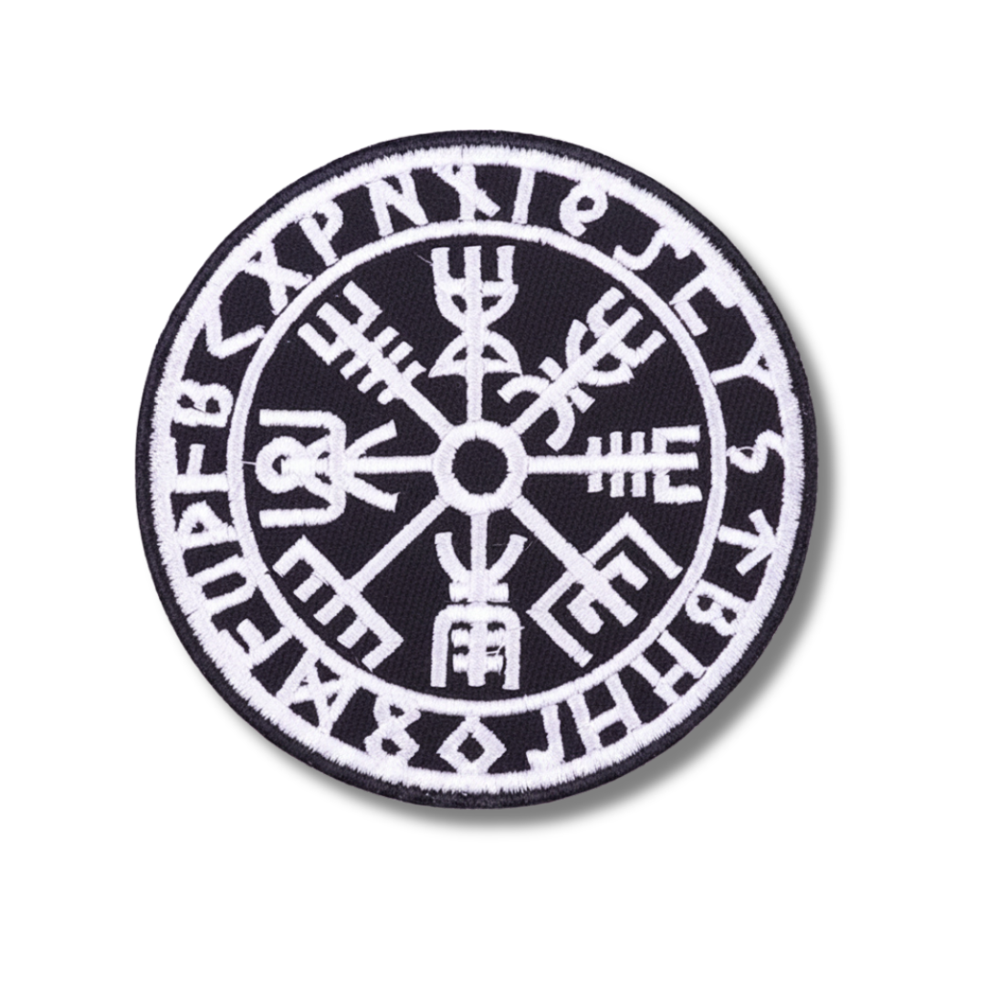 Round patch with a symbol featuring runes on a white background