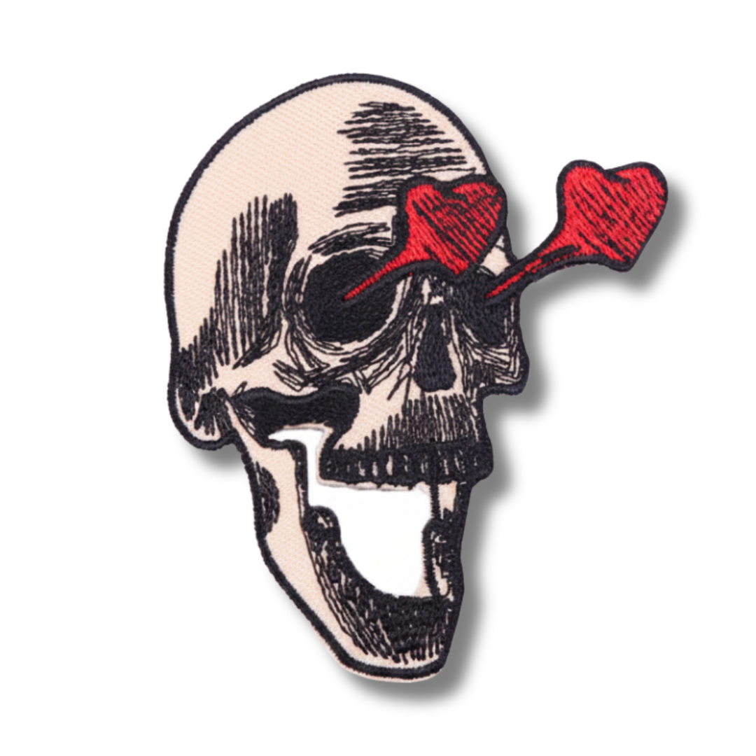 Skull with red heart-shaped darts on a white background