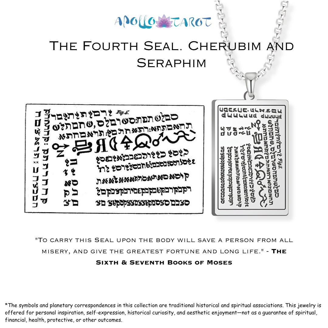 Silver pendant necklace featuring the 'Fourth Seal: Cherub and Seraphim' from the 6th Book of Moses, shown with its Hebrew text engravings on a white background.