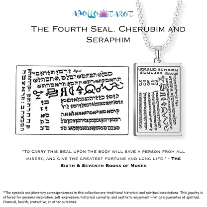 Silver pendant necklace featuring the 'Fourth Seal: Cherub and Seraphim' from the 6th Book of Moses, shown with its Hebrew text engravings on a white background.