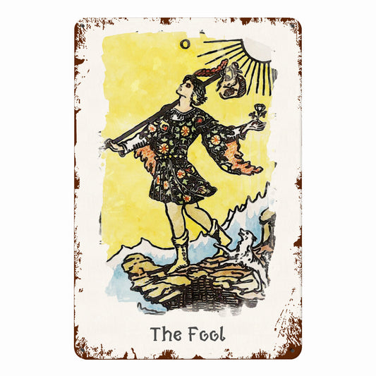 Tin Sign Of The Fool Tarot Card Painting • Major Arcana Waite-Style Cards Vintage Metal Print • Apollo Tarot Design Shop