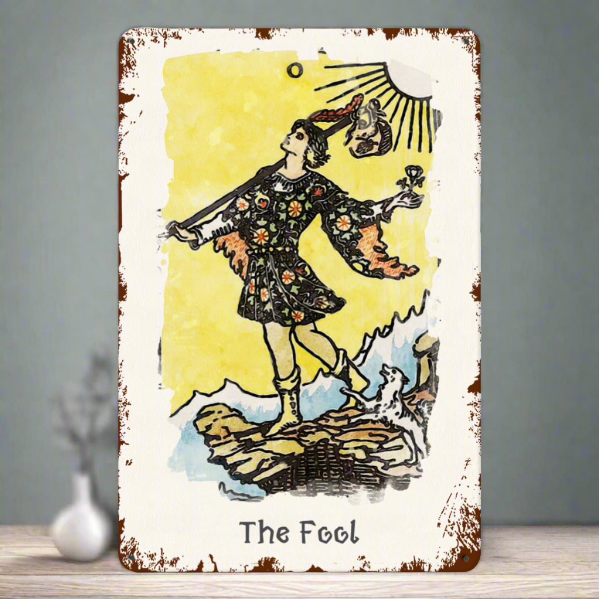 Tin Sign Of The Fool Tarot Card Painting • Major Arcana Waite-Style Cards Vintage Metal Print