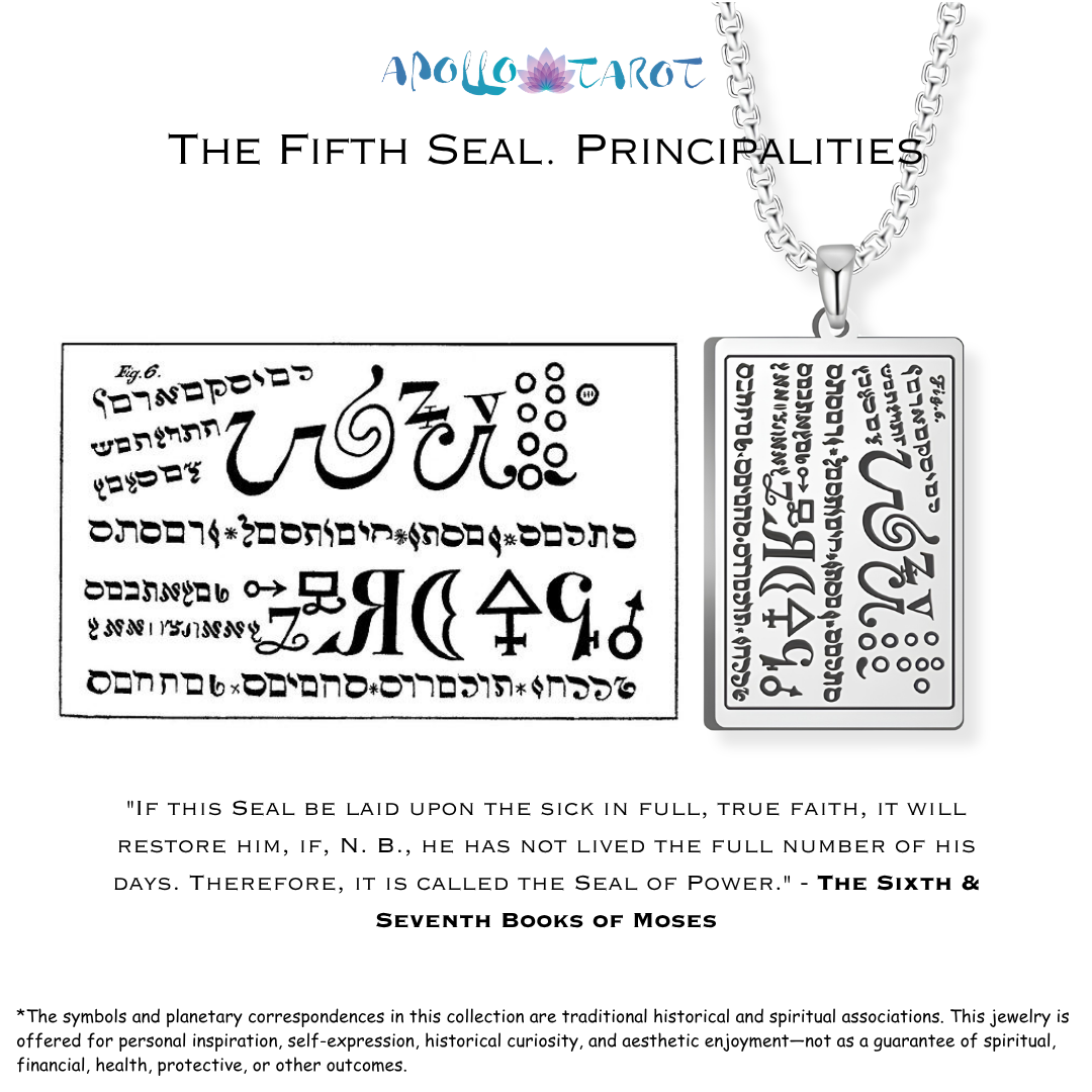 A silver pendant necklace with Hebrew and mystical symbol engraving, shown hanging from a silver chain next to a matching seal from the 6th & 7th Books of Moses reference on a white background. The image includes the title 'THE FIFTH SEAL. PRINCIPALITIES.
