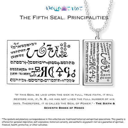 A silver pendant necklace with Hebrew and mystical symbol engraving, shown hanging from a silver chain next to a matching seal from the 6th & 7th Books of Moses reference on a white background. The image includes the title 'THE FIFTH SEAL. PRINCIPALITIES.