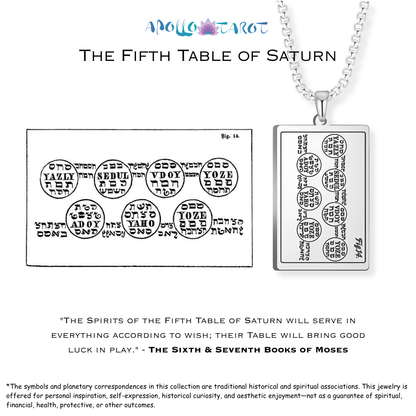 A silver pendant necklace displayed on a white background, alongside a printed reference chart titled 'The Fifth Table of Saturn.' The necklace features a rectangular engraved pendant with Hebrew text and esoteric symbols, and the pendant is shown hanging from a silver chain.