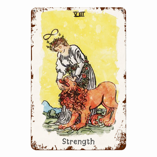Tin Sign Of The Strength Tarot Card Painting • Major Arcana Waite-Style Cards Vintage Metal Print • Apollo Tarot Design Shop