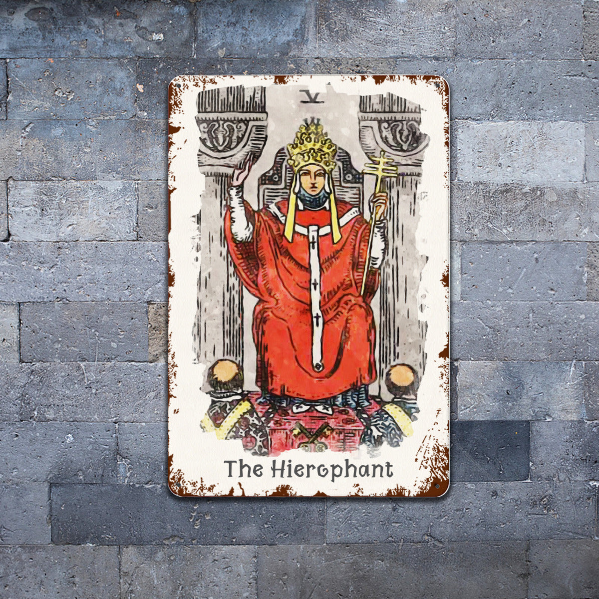 Tin Sign Of The Hierophant Tarot Card Painting • Major Arcana Waite-Style Cards Vintage Metal Print • Apollo Tarot Design Shop