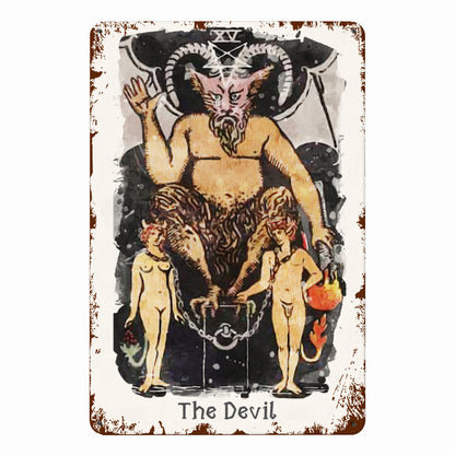 Tin Sign Of The Devil Tarot Card Painting • Major Arcana Waite-Style Cards Vintage Metal Print • Apollo Tarot Design Shop