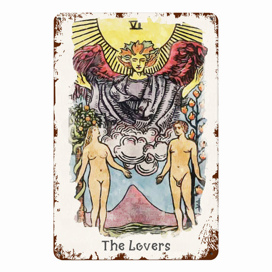 Tin Sign Of The Lovers Tarot Card Painting • Major Arcana Waite-Style Cards Vintage Metal Print • Apollo Tarot Design Shop