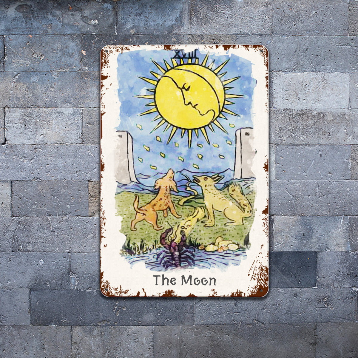 Tin Sign Of The Moon Tarot Card Painting • Major Arcana Waite-Style Cards Vintage Metal Print • Apollo Tarot Design Shop
